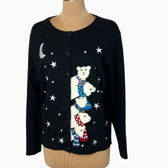 Vintage Bechamel Polar Bear Sweater Womens Large Black Button Cardigan Holidays - Picture 1 of 9